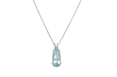 Lot 343 - AN AQUAMARINE AND DIAMOND PENDANT, the pear...