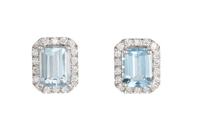Lot 346 - A PAIR OF AQUAMARINE AND DIAMOND CLUSTER...