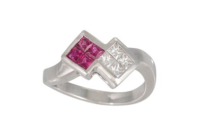 Lot 155 - A RUBY AND DIAMOND CLUSTER RING, two square...