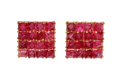 Lot 244 - A PAIR OF 18CT YELLOW GOLD GEMSET EARRINGS, of...