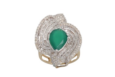 Lot 31 - A DIAMOND AND CHRYSOPRASE RING, the large pear...