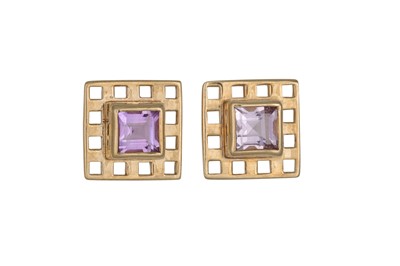Lot 33 - A PAIR OF AMETHYST SET EARRINGS, the princess...