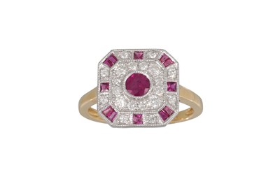 Lot 77 - A DIAMOND AND RUBY CLUSTER RING, of square...