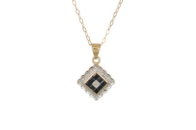 Lot 81 - A SAPPHIRE AND DIAMOND PENDANT,  square form,...