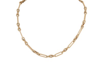 Lot 9 - A 9CT GOLD FANCY TROMBONE LINK NECKLACE, 32 g.