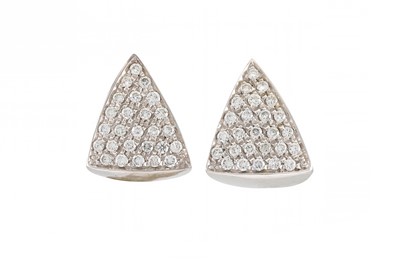 Lot 294 - A PAIR OF DIAMOND EARRINGS, the triangular...
