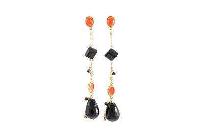 Lot 296 - A PAIR OF ONYX, DIAMOND AND CORAL DROP...