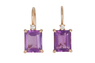 Lot 378 - A PAIR OF AMETHYST DROP EARRINGS, in yellow...