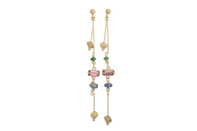 Lot 379 - A PAIR OF DROP EARRINGS, set with sapphire,...