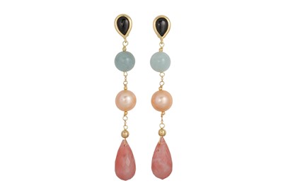 Lot 386 - A PAIR OF DROP EARRINGS, set with aquamarine,...
