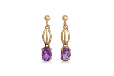 Lot 36 - A PAIR OF AMETHYST DROP EARRINGS, mounted in...