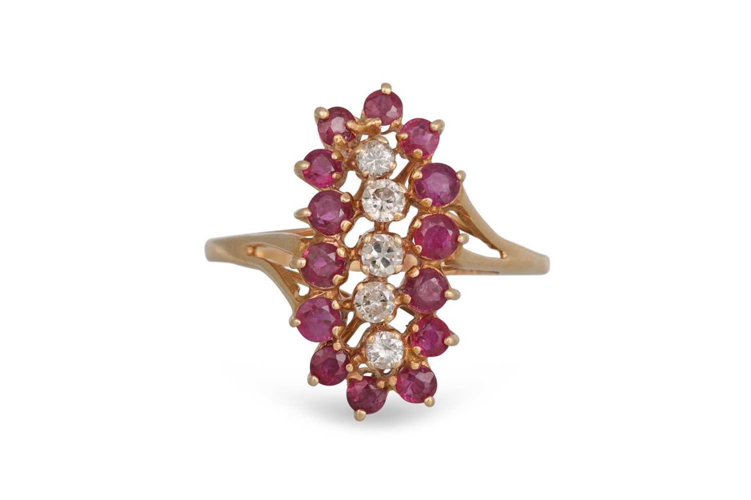 Lot 49 - A DIAMOND AND RUBY CLUSTER RING, of oblong...