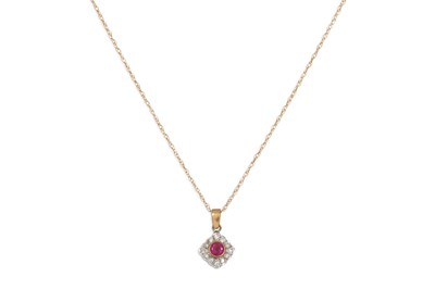 Lot 211 - A RUBY AND DIAMOND CLUSTER PENDANT, on a 9ct...