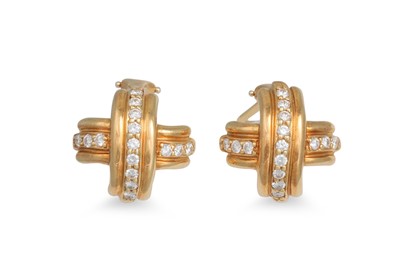 Lot 158 - A PAIR OF TIFFANY CROSS OVER EARRINGS, diamond...