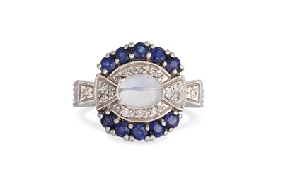 Lot 115 - A MOONSTONE DIAMOND AND SAPPHIRE DRESS RING,...