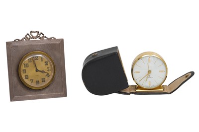 Lot 486 - A SILVER BEDROOM CLOCK, together with a...