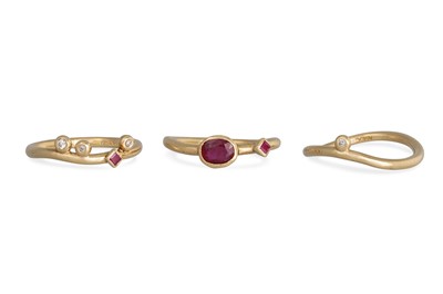 Lot 308 - A SET OF THREE RUBY AND DIAMOND “DEW DROP”...