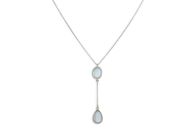 Lot 323 - AN AQUAMARINE DROP NECKLACE, the white gold...