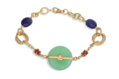 Lot 366 - AN ORANGE AND BLUE SAPPHIRE AND BURMA JADE...