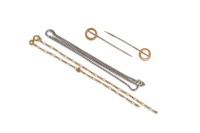 Lot 18 - TWO GOLD PINS, together with two gold chains,...