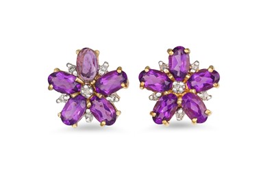 Lot 26  - A PAIR OF AMETHYST AND DIAMOND CLUSTER...