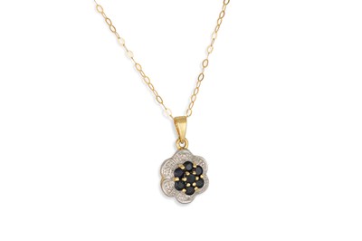 Lot 91 - A DIAMOND AND SAPPHIRE PENDANT, of cluster...