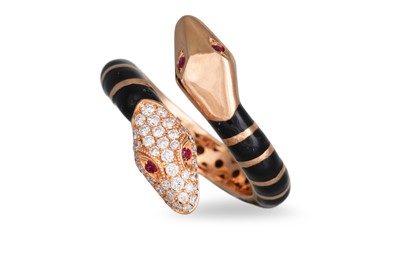 Lot 212 - AN ENAMEL AND DIAMOND SERPENT RING, the...