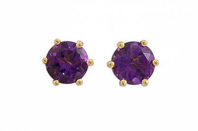 Lot 142 - A PAIR OF AMETHYST STUD EARRINGS, mounted in...
