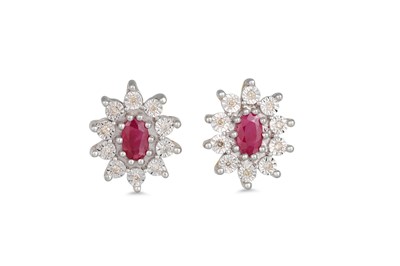 Lot 112 - A PAIR OF DIAMOND & RUBY CLUSTER EARRINGS,...