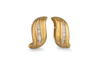 Lot 361 - A PAIR OF DIAMOND SET EARRINGS, the baguette...