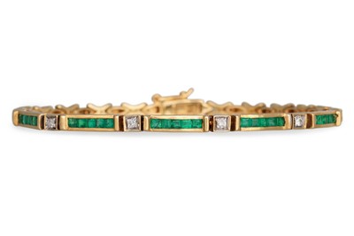Lot 181 - AN EMERALD AND DIAMOND BRACELET, channel set...