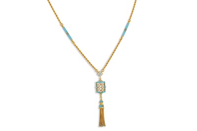 Lot 278 - A DIAMOND AND ENAMEL PENDANT, the central...