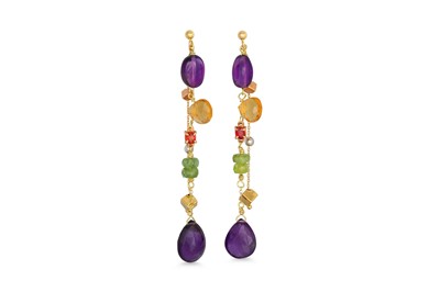 Lot 431 - A PAIR OF MULTI GEM SET DROP EARRINGS, set...