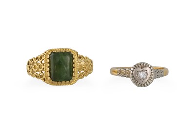 Lot 388 - TWO 18CT GOLD RINGS, one diamond set, 8.2 g.
