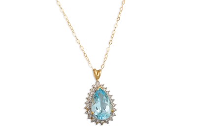 Lot 55 - A BLUE TOPAZ AND DIAMOND PENDANT, the pear...