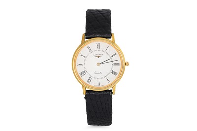 Lot 403 - A LONGINES WRIST WATCH, black leather strap,...