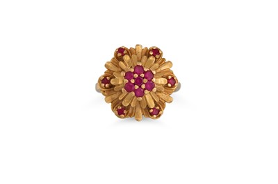 Lot 59 - A VINTAGE RUBY CLUSTER RING, of floral form,...