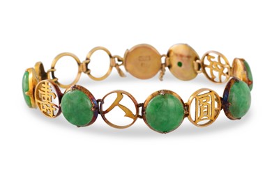 Lot 142 - AN 18CT GOLD JADE SET BRACELET, Chinese motifs,...