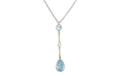 Lot 184 - AN AQUAMARINE AND DIAMOND PENDANT, suspending...