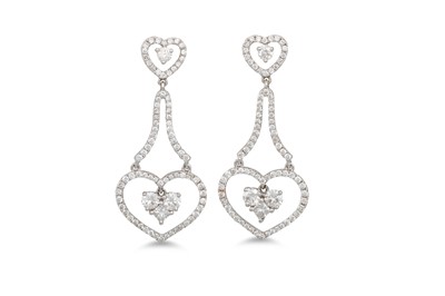 Lot 331 - A PAIR OF DIAMOND DROP EARRINGS, the heart...