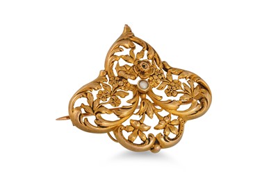 Lot 249 - AN 18CT GOLD FRENCH PEARL SET BROOCH, shaped...