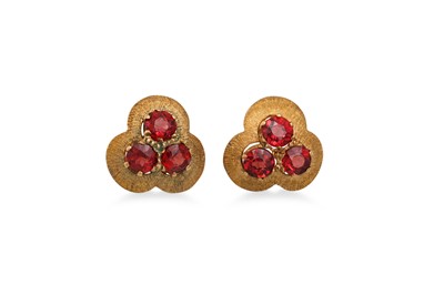 Lot 27 - A PAIR OF ANTIQUE GARNET EARRINGS, of trifoil...