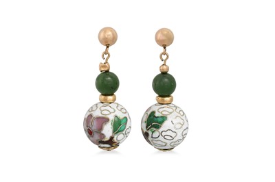 Lot 35 - A PAIR OF JADE AND ENAMEL DROP EARRINGS,...