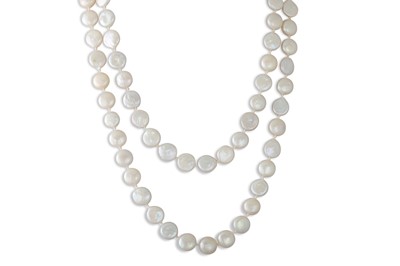 Lot 39 - A LONG STRANDED PEARL NECKLACE, silver clasp