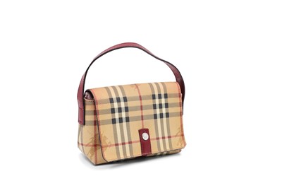 Lot 579 - A BURBERRY FABRIC HANDBAG, maroon strap