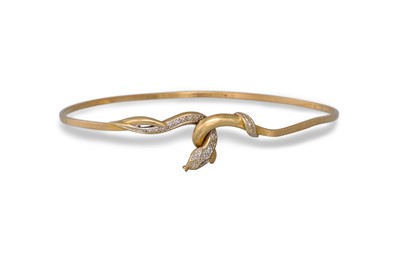 Lot 289 - A 9CT GOLD BANGLE, snake head with diamonds