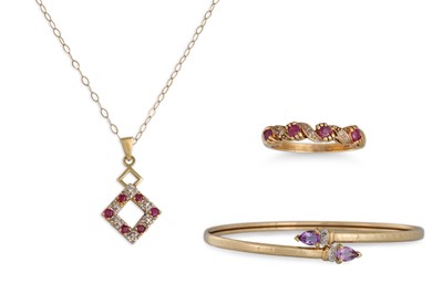 Lot 115 - A 9CT GOLD AND AMETHYST BANGLE, together with...