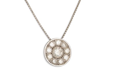 Lot 149 - A DIAMOND CLUSTER PENDANT, of circular form,...