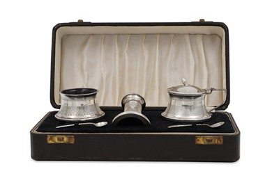 Lot 490 - A MODERN SILVER THREE-PIECE CASED CONDIMENT...