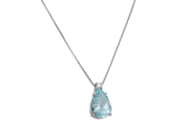 Lot 368 - AN AQUAMARINE AND DIAMOND PENDANT, the pear...